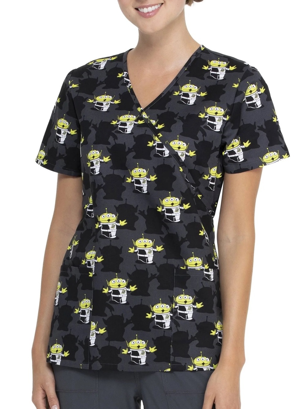 Scrubstar Pixar Toy Story Alien Madness Print Womens Mock Wrap Scrub Top XL